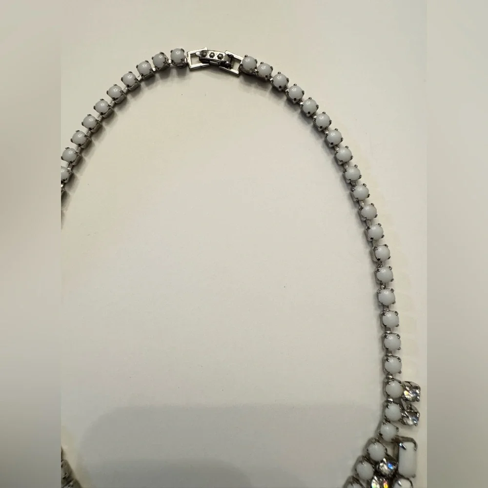 Vintage Milk Glass Rhinestone Bib Necklace Mid Century - Bridal, Formal, Prom
